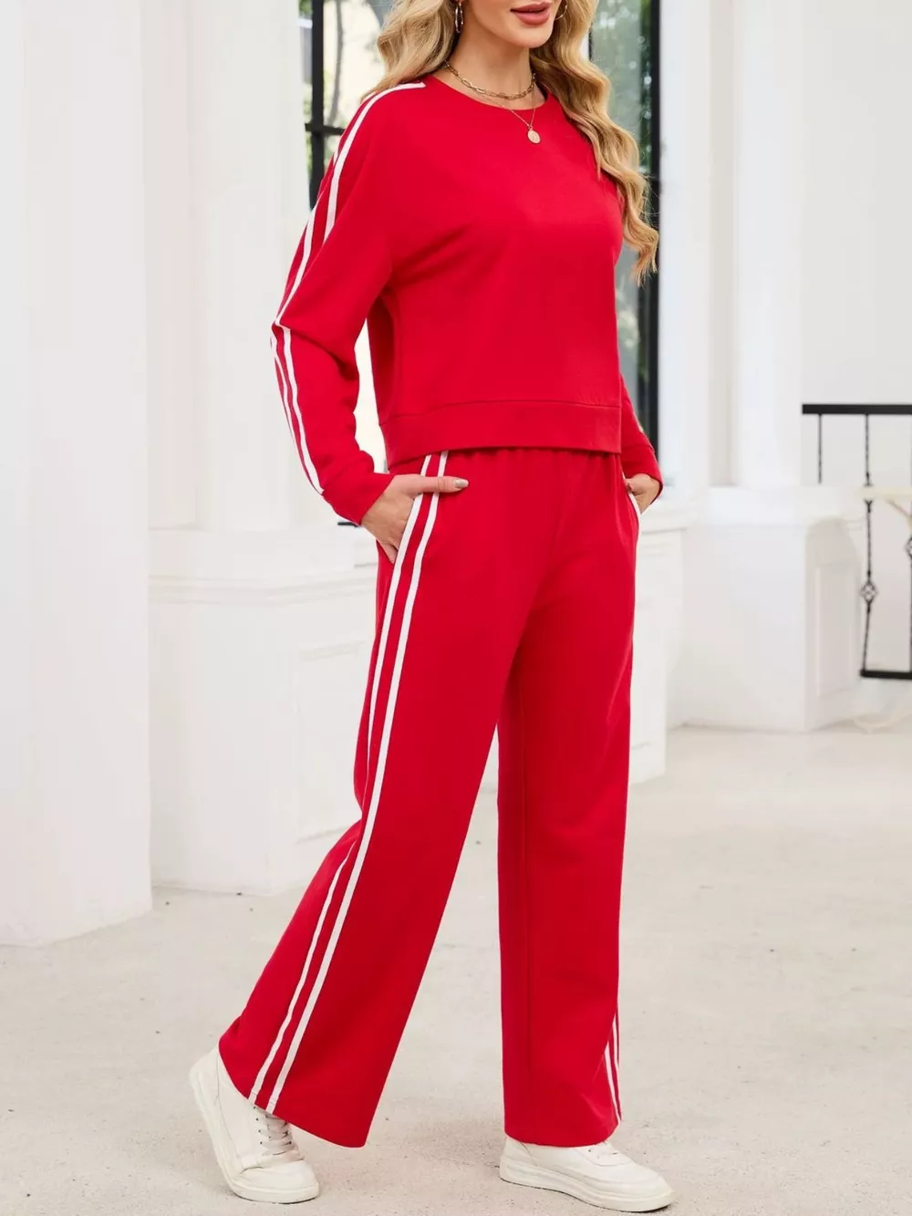 Striped Round Neck Sweatshirt and Pants Set, image 14
