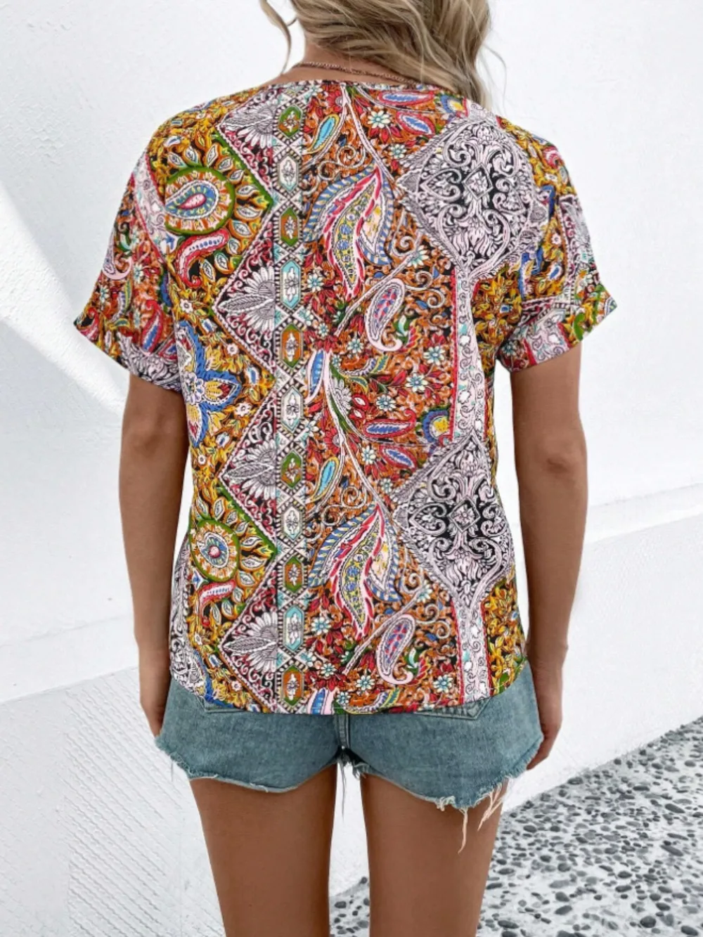 Bohemian Paisley Print V-Neck Short Sleeve T-Shirt, image 8
