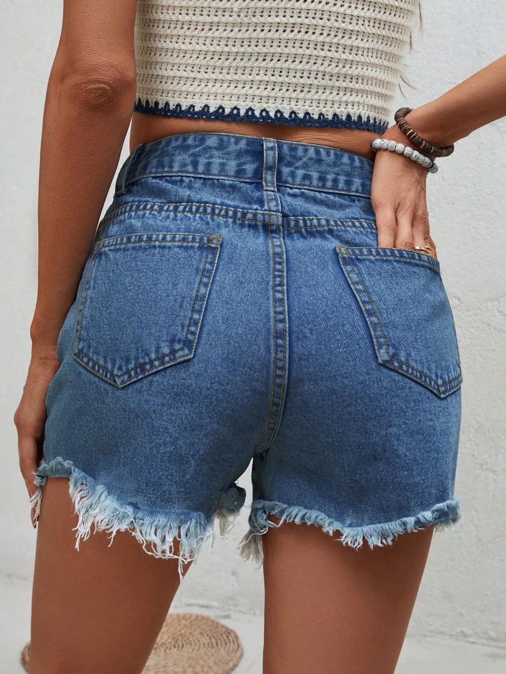 Distressed Raw Hem Denim Shorts, image 2