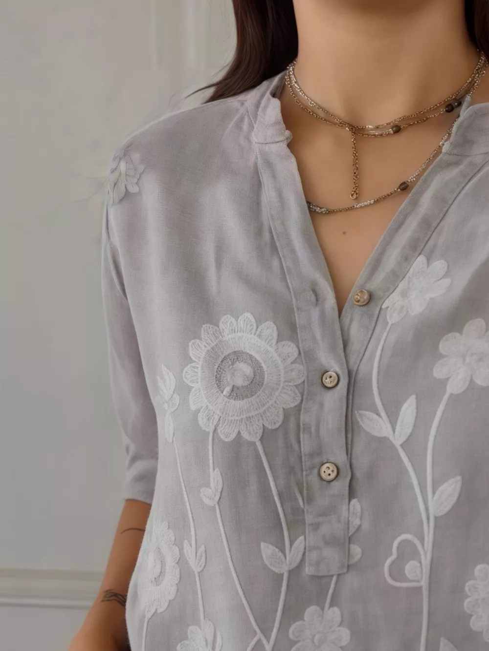 Full Size Floral Embroidered Button Detail Blouse Plus Size, image 8