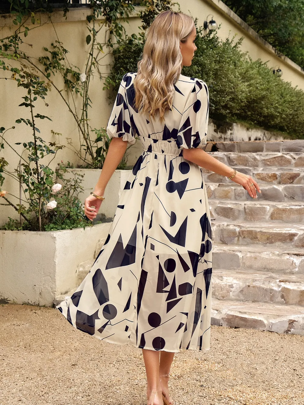 Smocked Printed V-Neck Half Sleeve Midi Dress, image 17