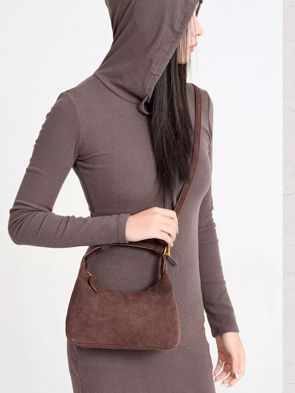 Minimalist Suede Crossbody Bag with Top Handle, image 2