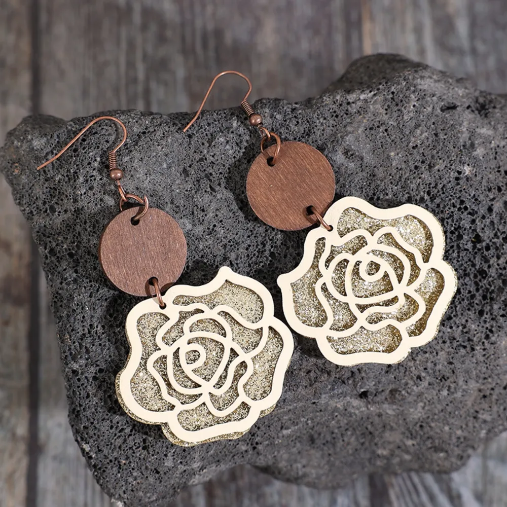 Wooden Alloy Rose Shape Dangle Earrings, image 4