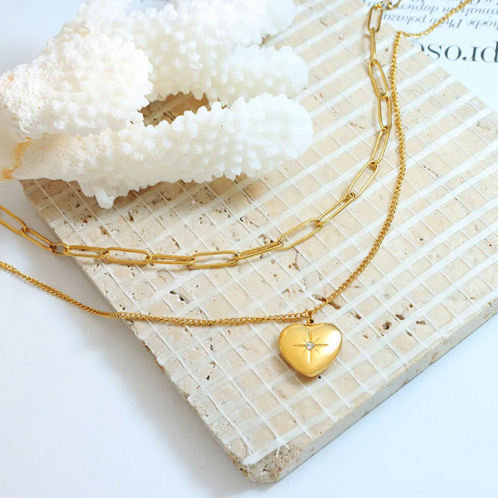 Inlaid Zircon Double Layered Heart Pendant Necklace, image 2