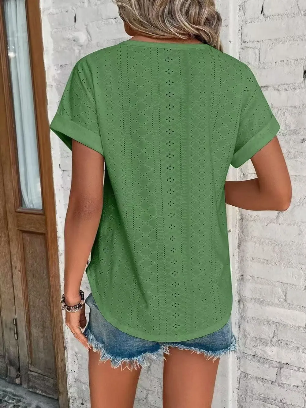 Eyelet Round Neck Short Sleeve Top, image 16