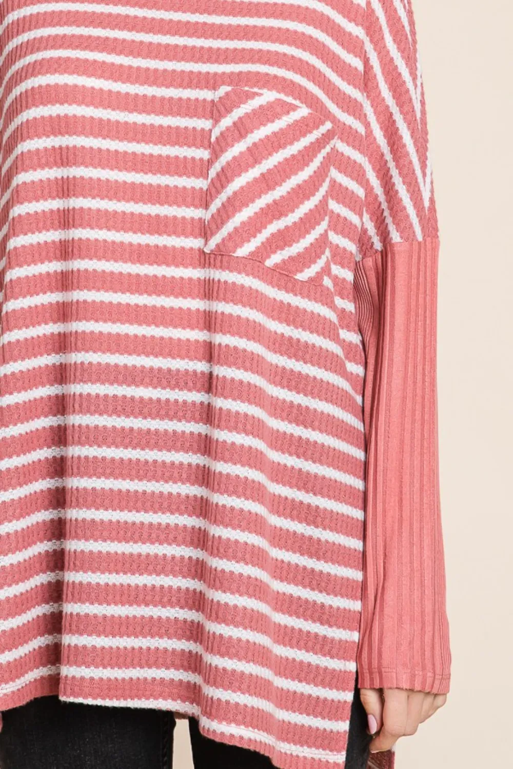 Oversize Striped Round Neck Long Sleeve Slit T-Shirt, image 5