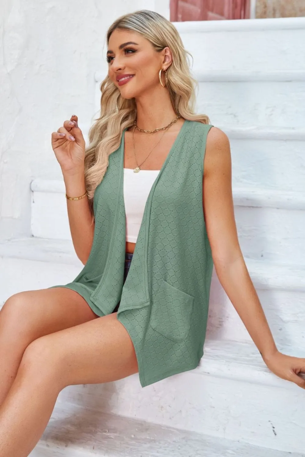 Eyelet Open Front Sleeveless Cardigan, image 23