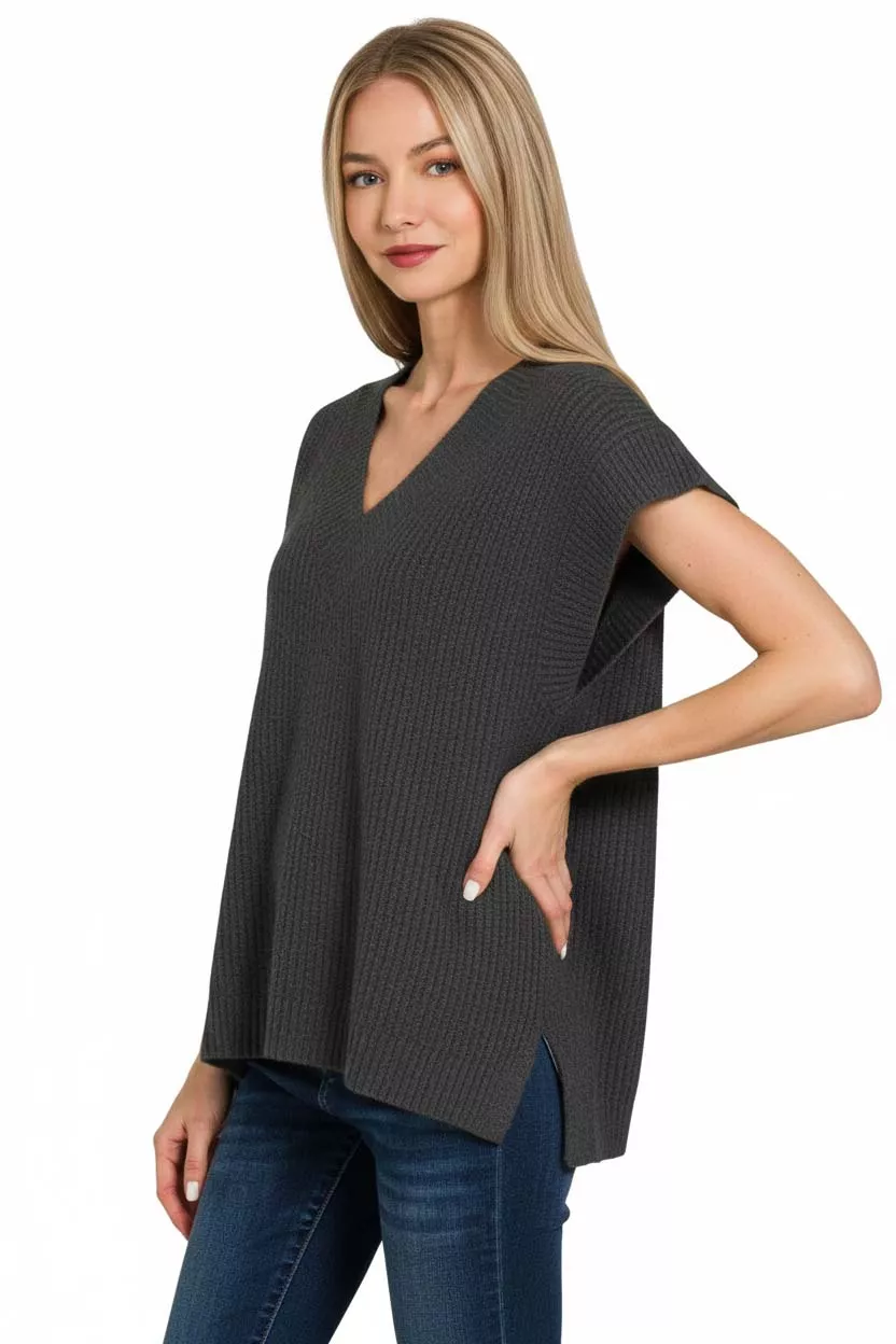 Ribbed Slit V-Neck Sweater Vest, image 2