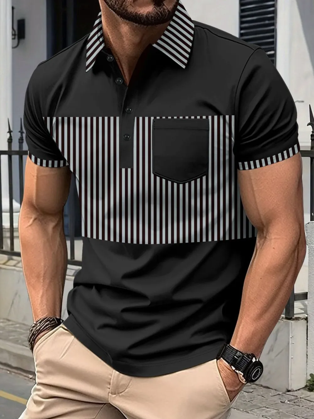 Men's Full Size Collared Contrast Striped Polo Plus Size