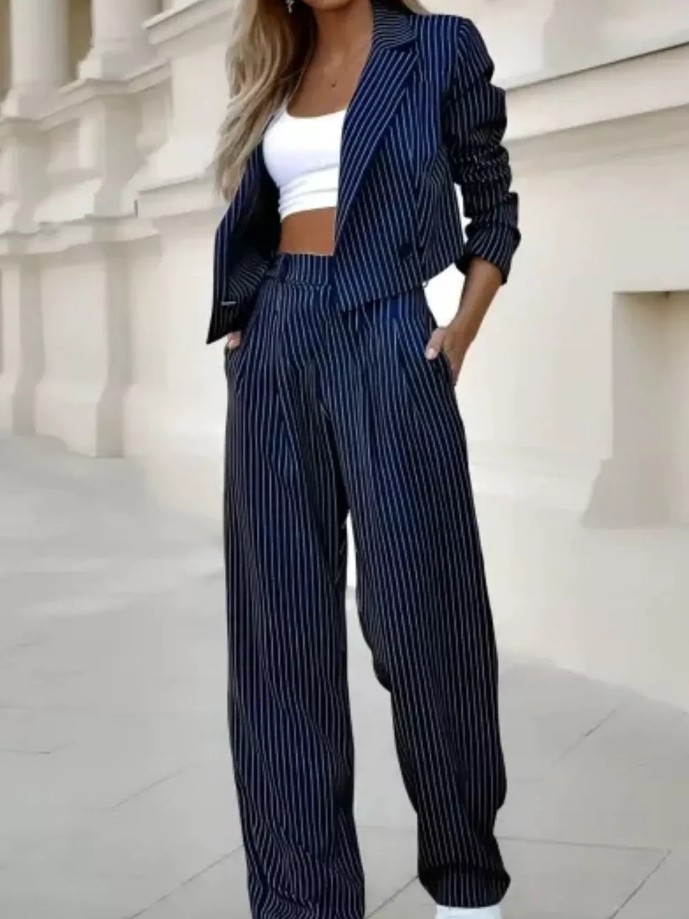 Striped Cropped Blazer and Wide-Leg Pants Two-Piece Set, image 5
