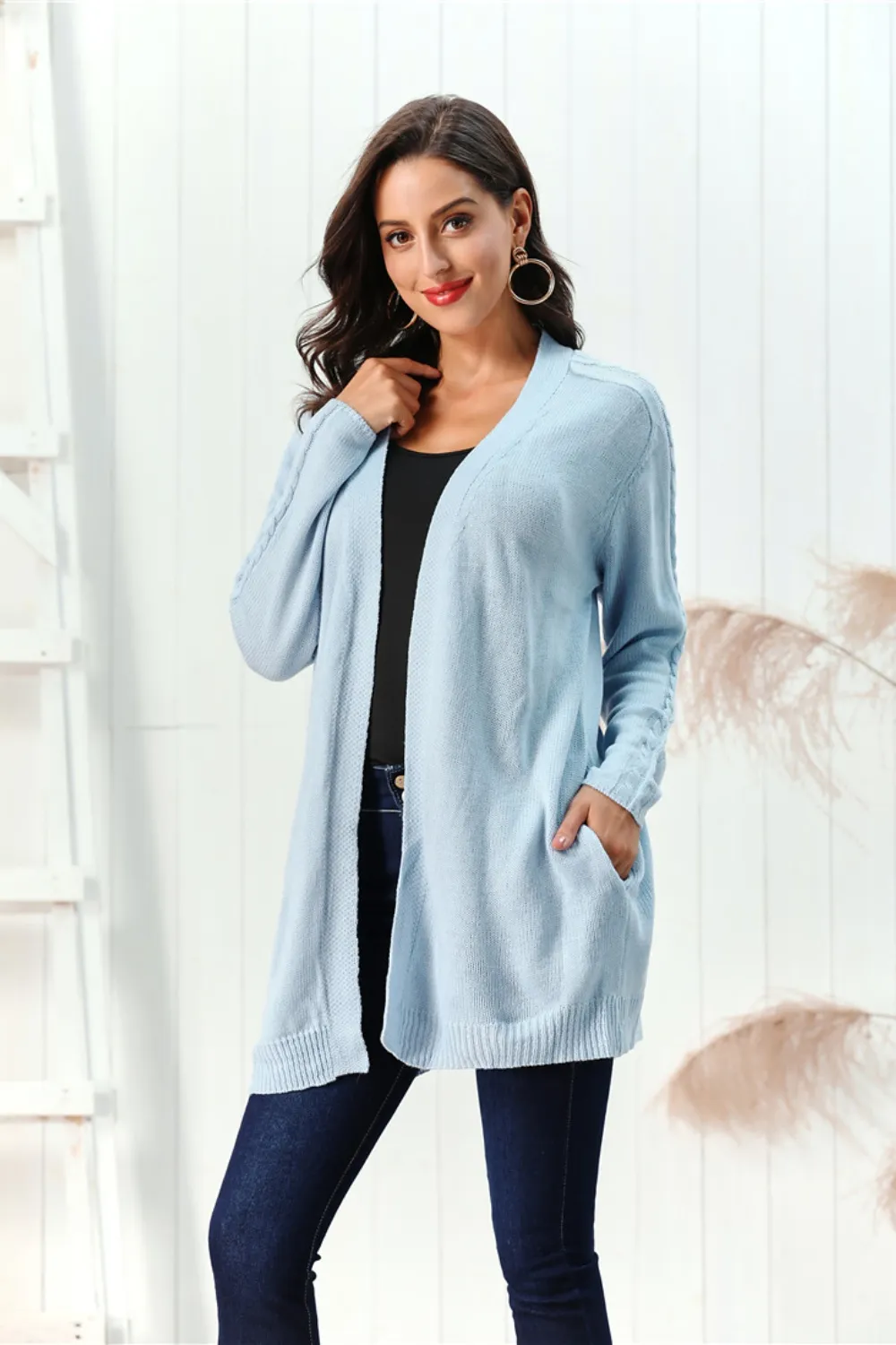 Cable-Knit Open Front Long Sleeve Cardigan, image 20