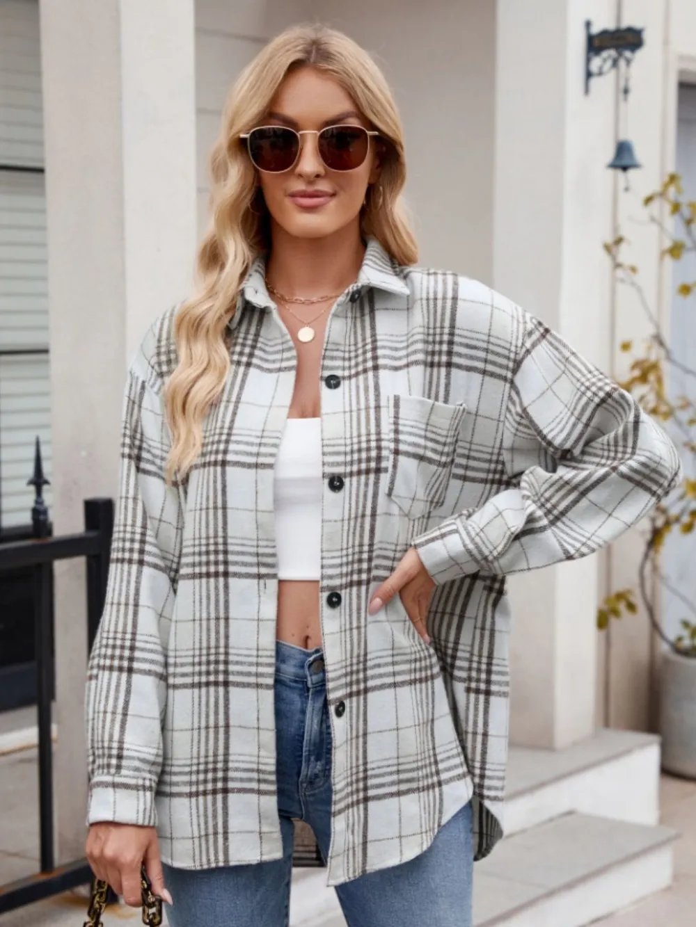 Pocketed Plaid Collared Neck Long Sleeve Shirt, image 16