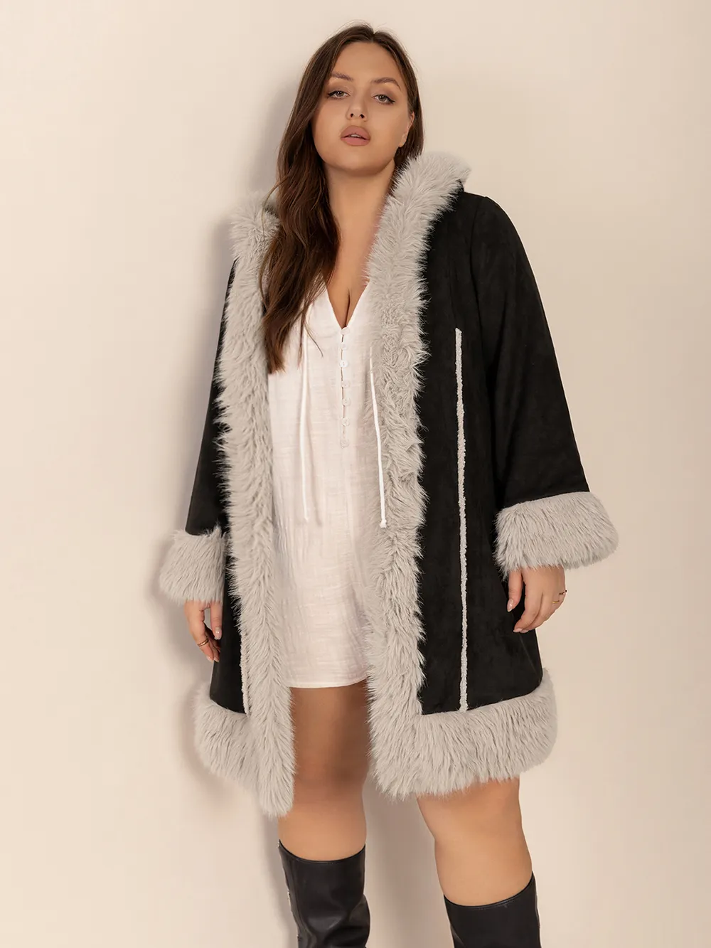 Plus Size Fuzzy Trim Open Front Long Sleeve Hooded Coat, image 8