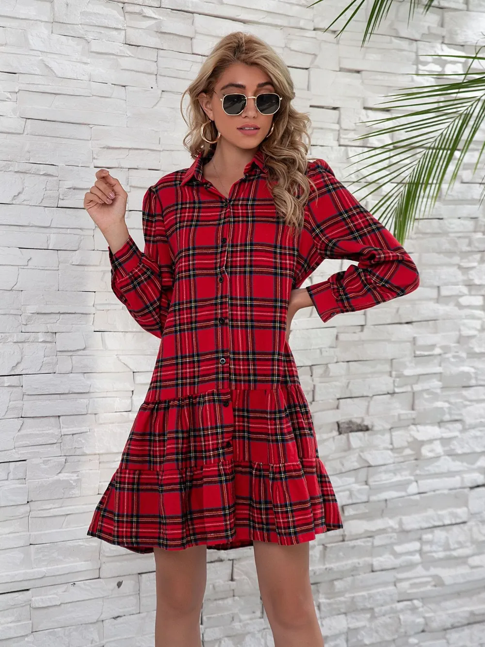 Ruffle Hem Plaid Button Down Long Sleeve Dress, image 2