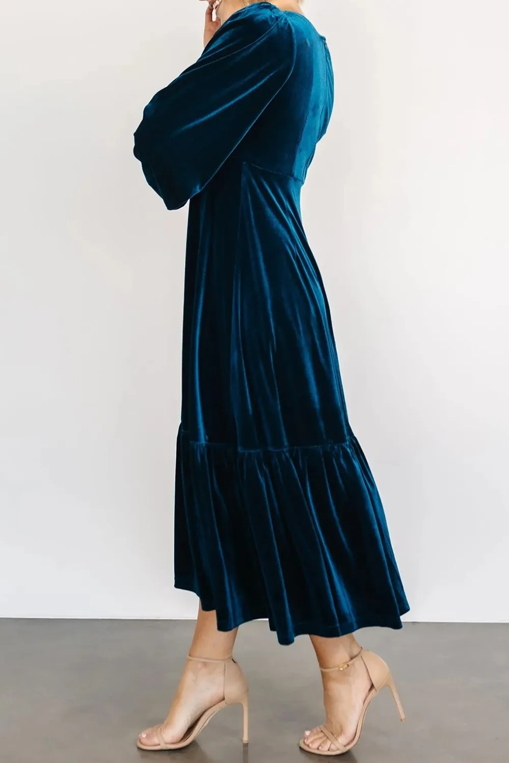 V-Neck Long Sleeve Midi Velvet Dress, image 3