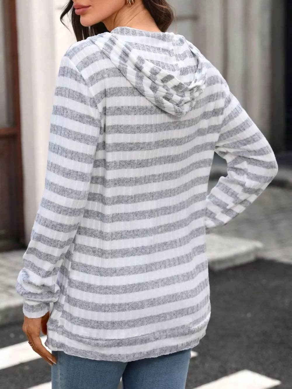 Casual Striped Ribbed Knit Hoodie with Kangaroo Pocket, image 6