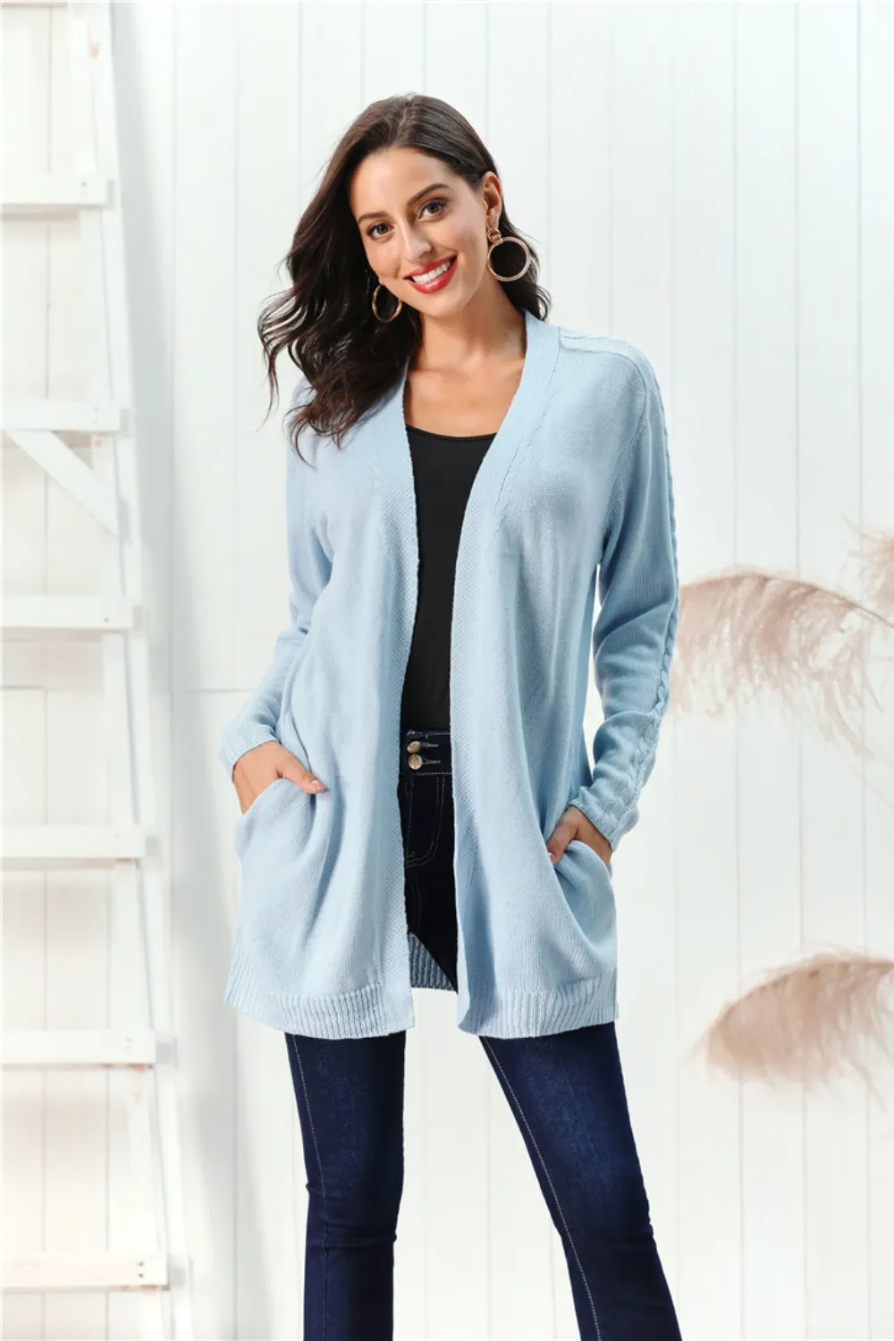 Cable-Knit Open Front Long Sleeve Cardigan, image 19