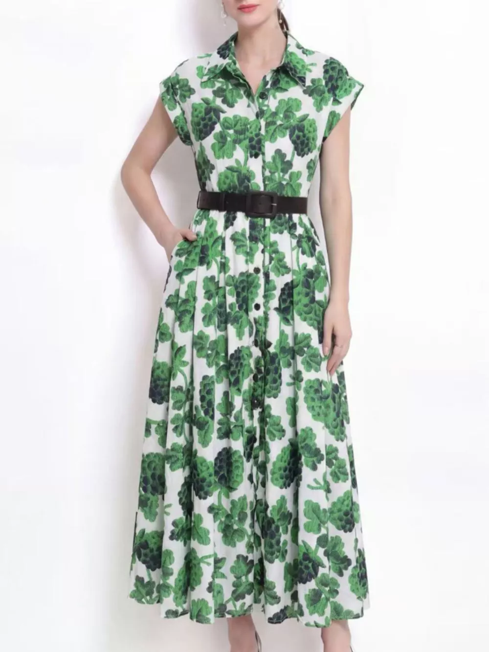 Printed Button Front Cap Sleeve Dress