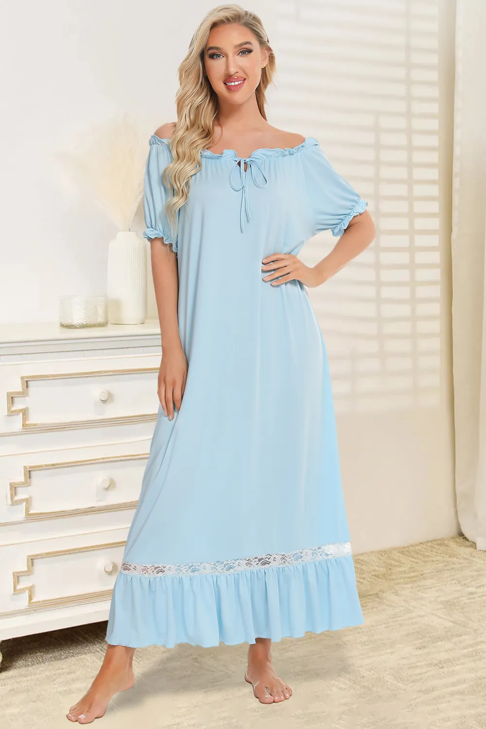 Lace Detail Short Sleeve Lounge Dress, image 2