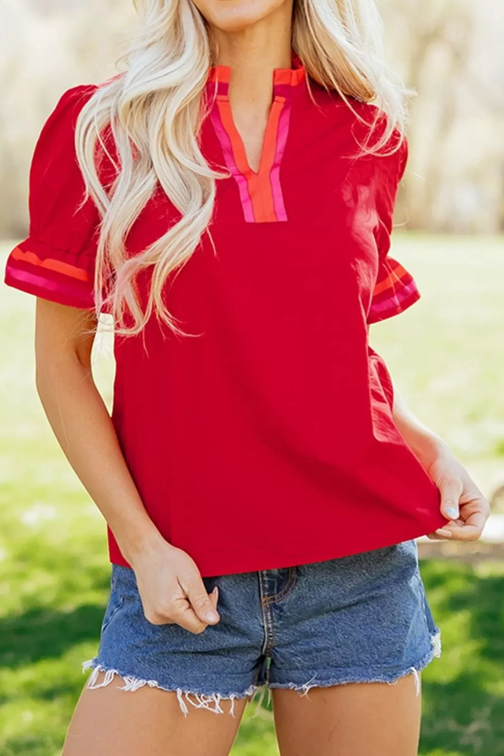 Ruffled Sleeve Notched Blouse with Striped Detail, image 2