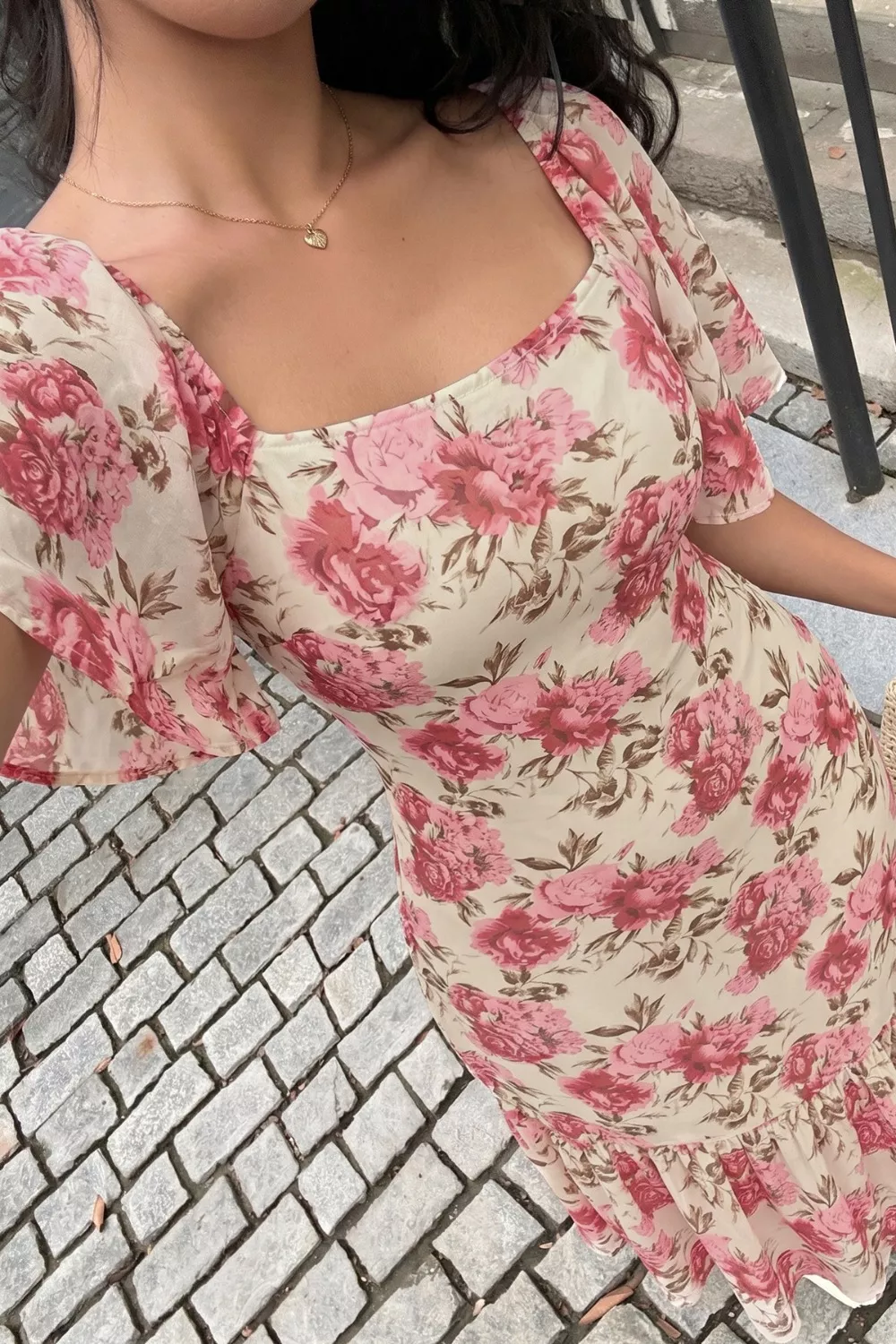 Floral Print Ruffle Hem Flutter Sleeve Dress, image 6