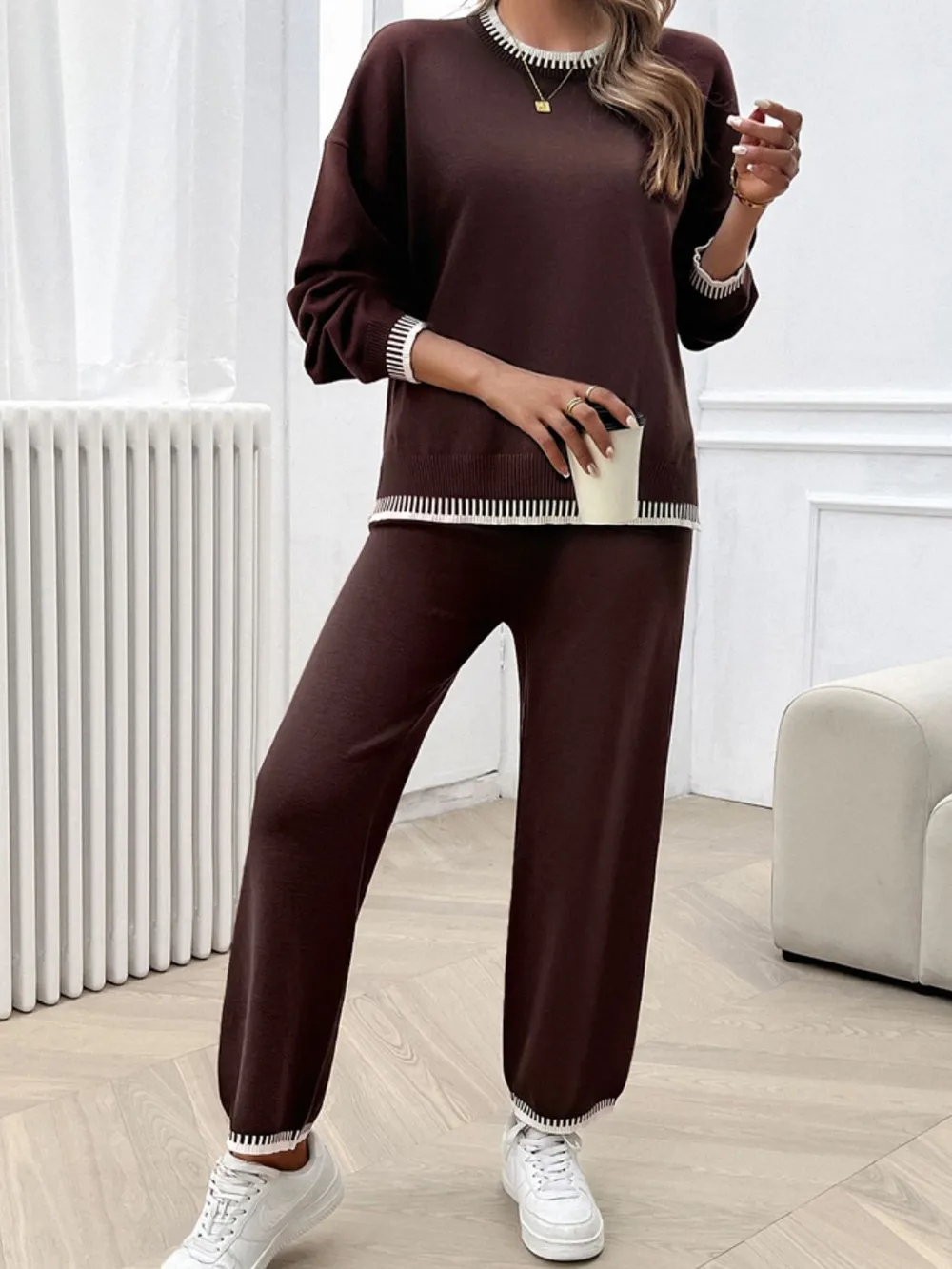 Round Neck Dropped Shoulder Top and Pants Sweater Set, image 19