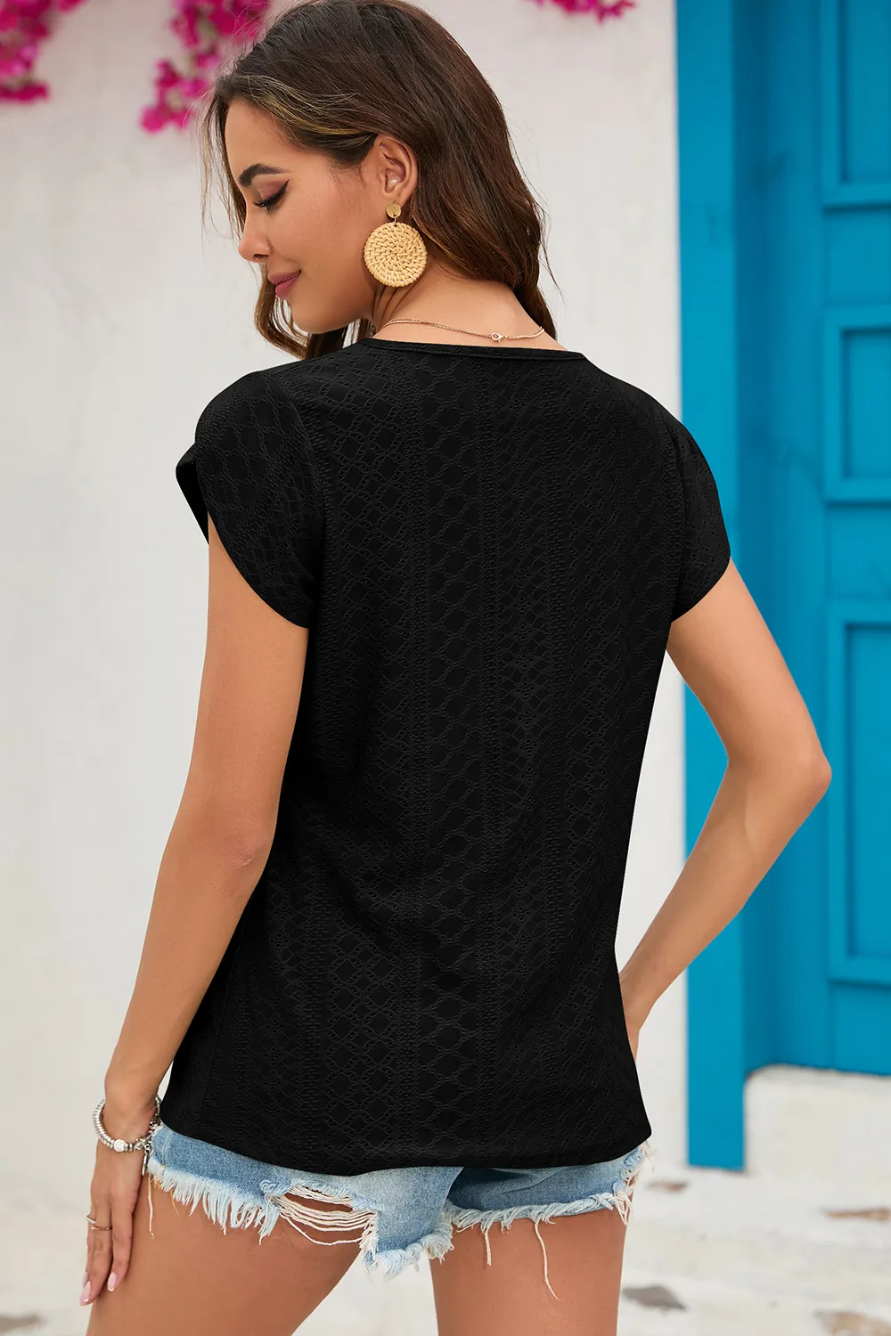 Eyelet Round Neck Short Sleeve T-Shirt, image 12