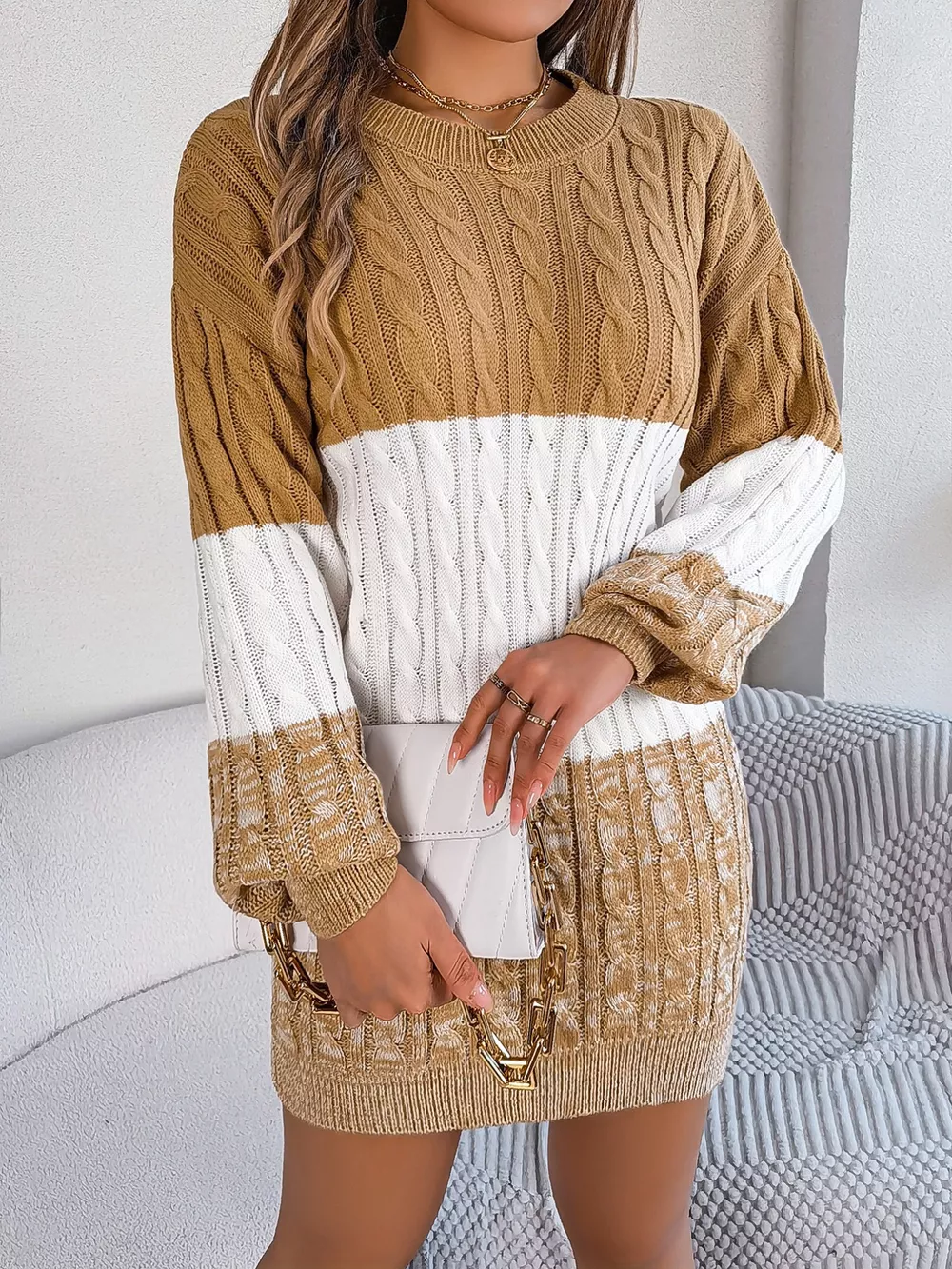 Color Block Cable Knit Sweater Dress with Textured Pattern, image 12