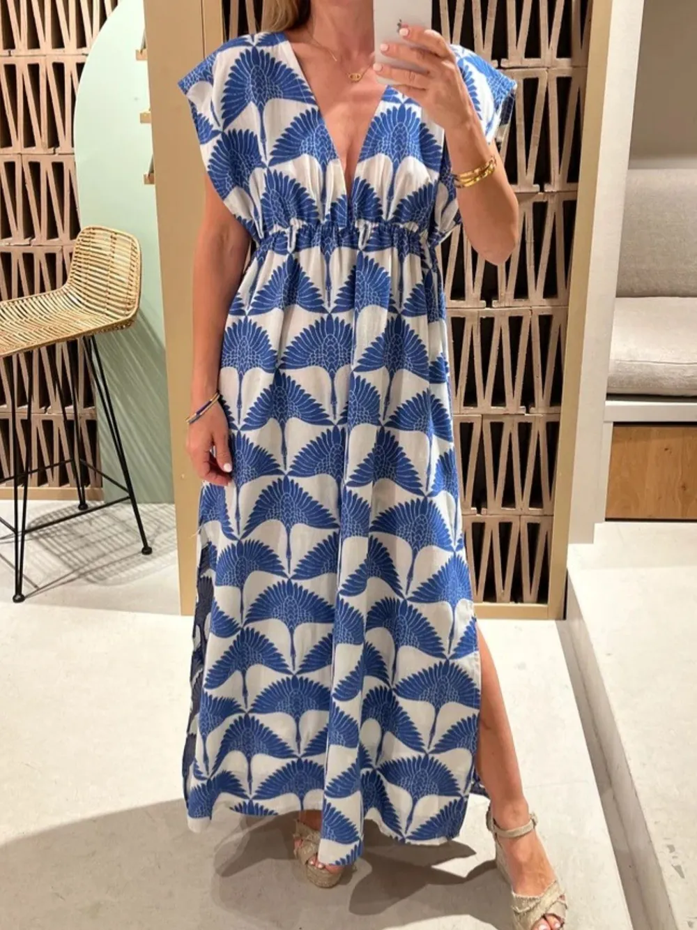 Slit Printed V-Neck Cap Sleeve Maxi Dress, image 7