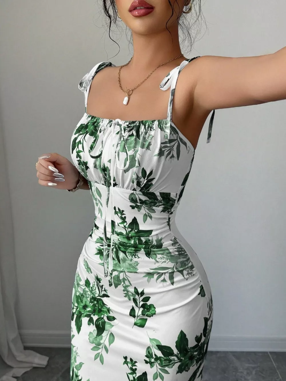Printed Tie Strap Slit Maxi Dress, image 24