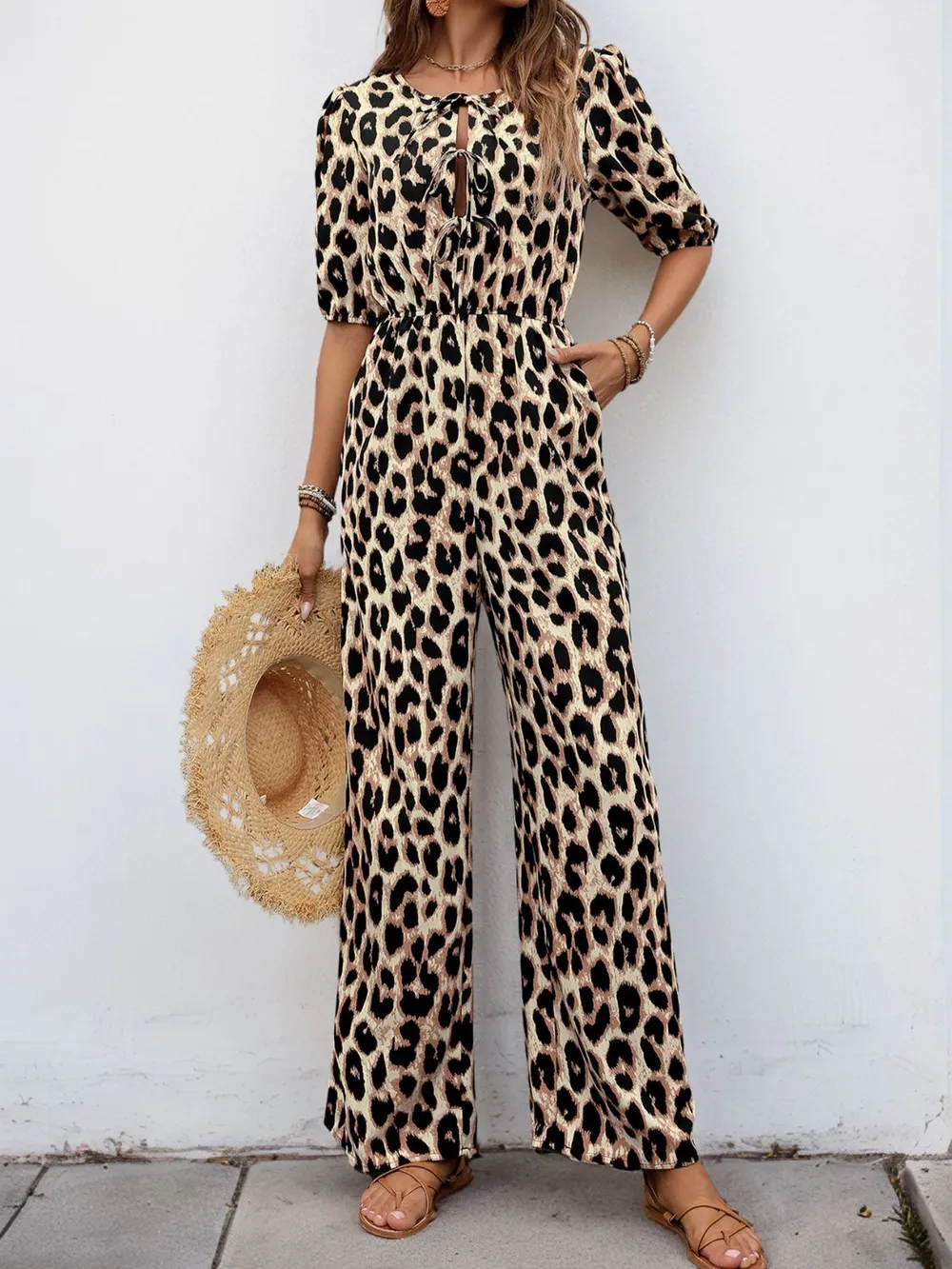 Tied Leopard Half Sleeve Jumpsuit