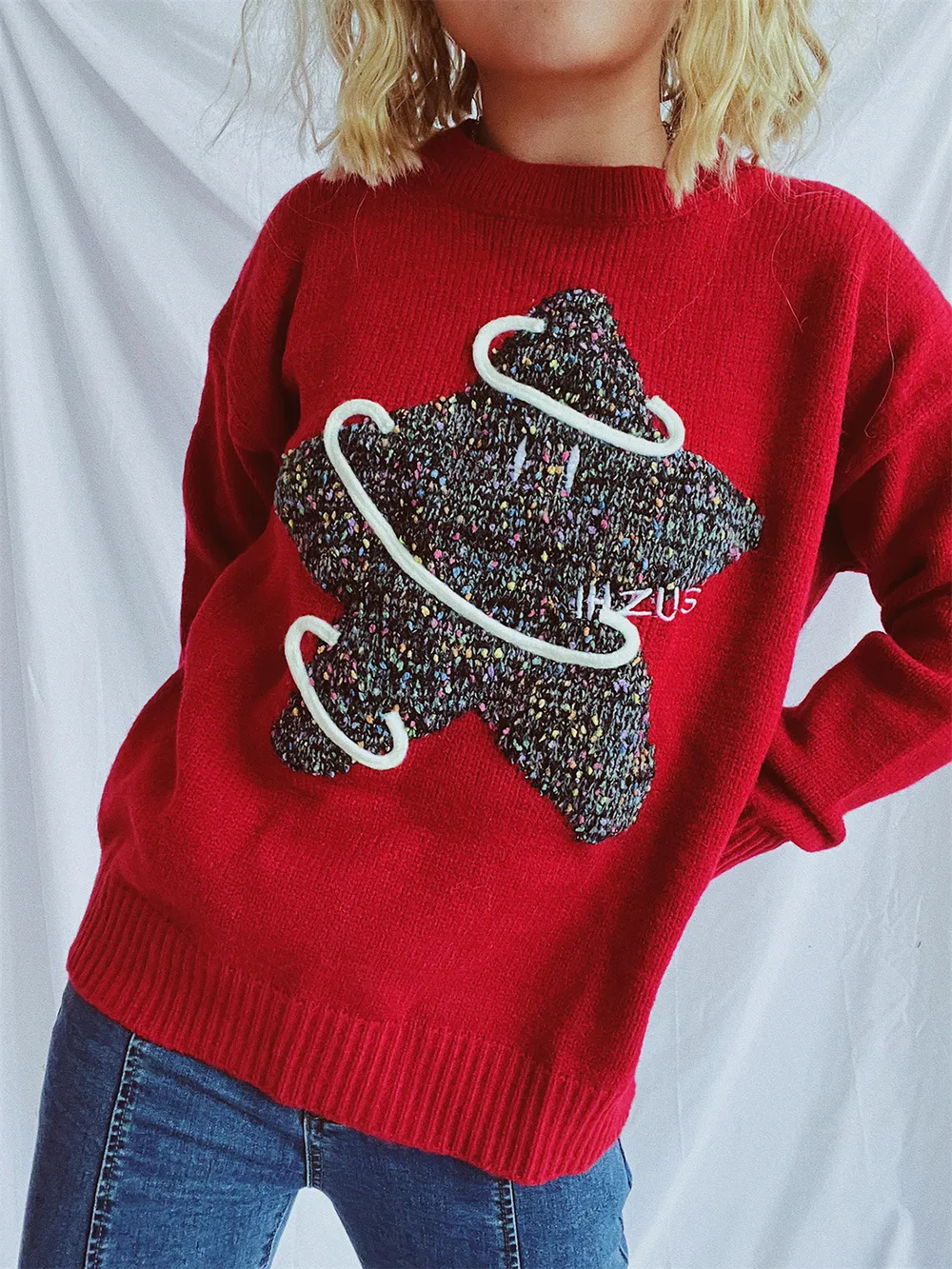 Contrast Star Round Neck Long Sleeve Sweater, image 5