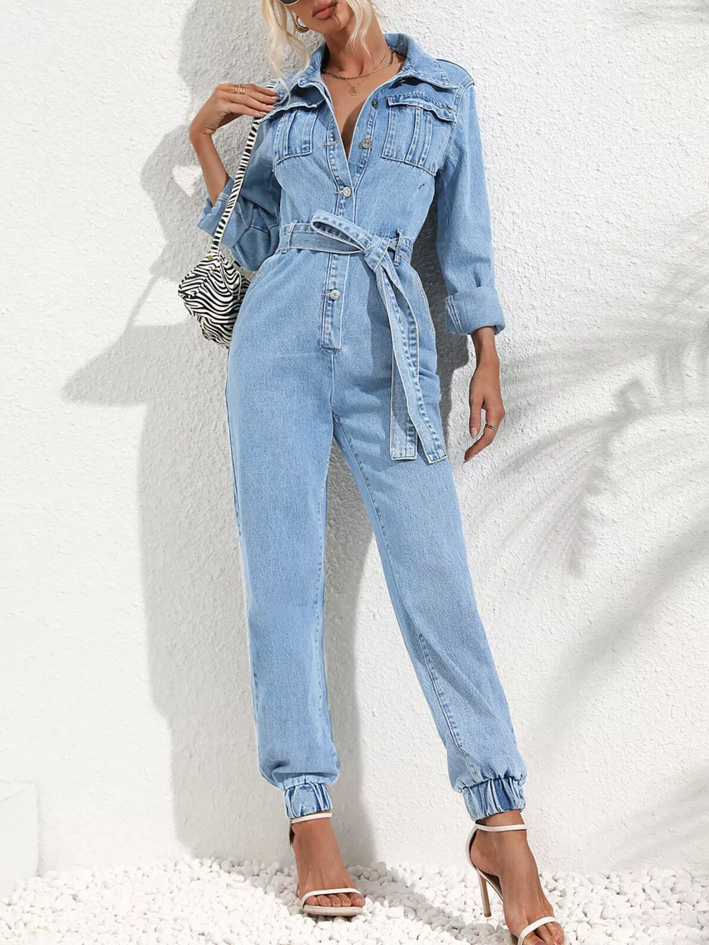Button Front Belt Denim Jumpsuit, image 3