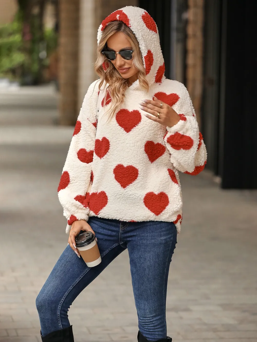 Fuzzy Heart Pocketed Dropped Shoulder Hoodie, image 9