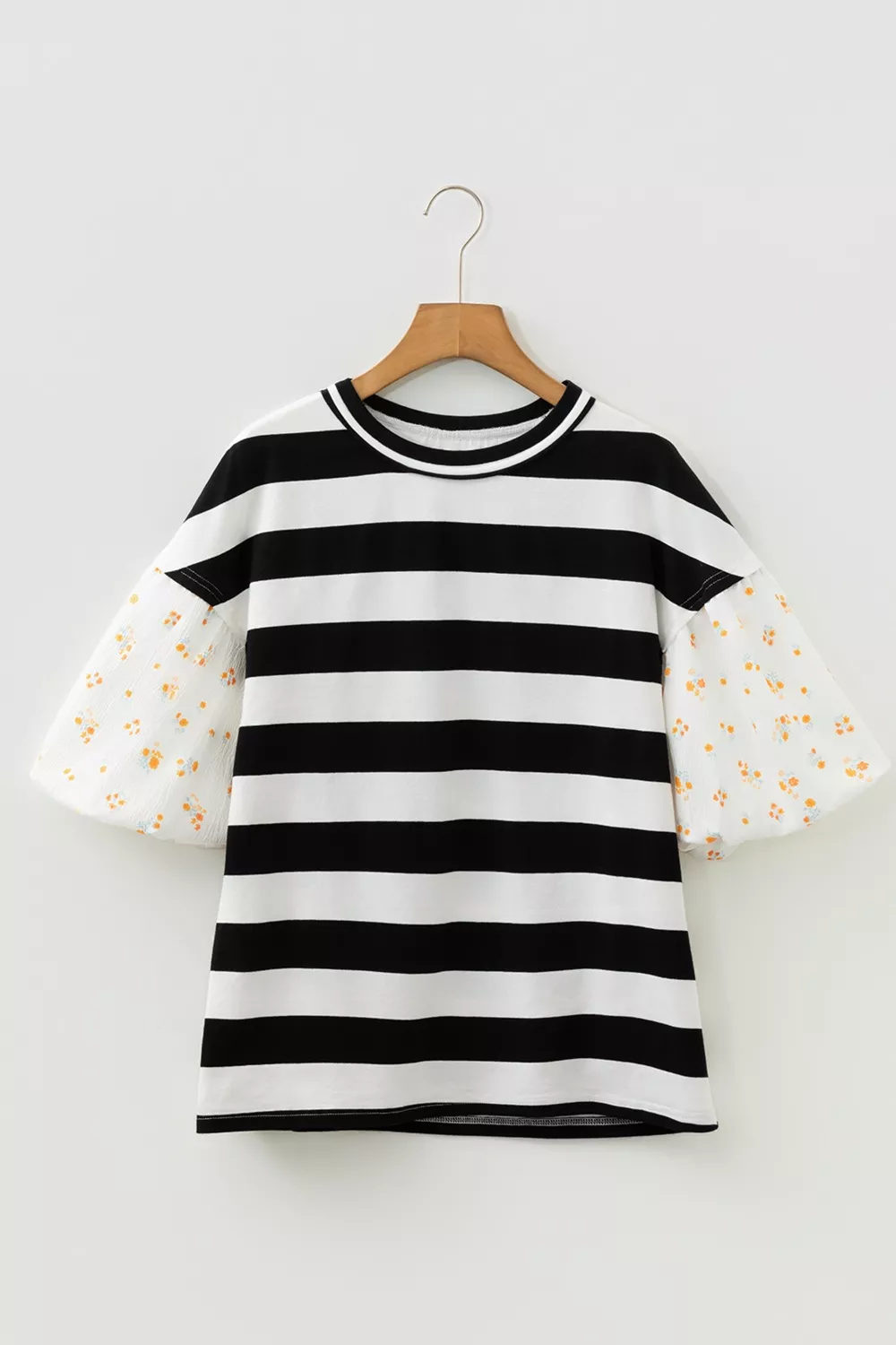 Stripe Floral Print Puff Sleeve Patchwork Blouse, image 3