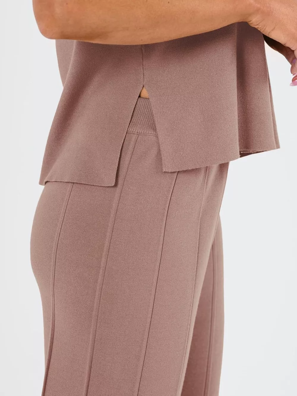 Casual Solid Color Cap Sleeve Top and Pants Knit Set, image 8
