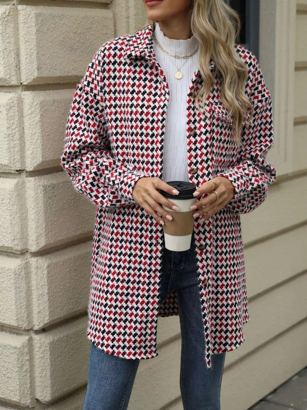 Houndstooth Button Up Long Sleeve Coat, image 8