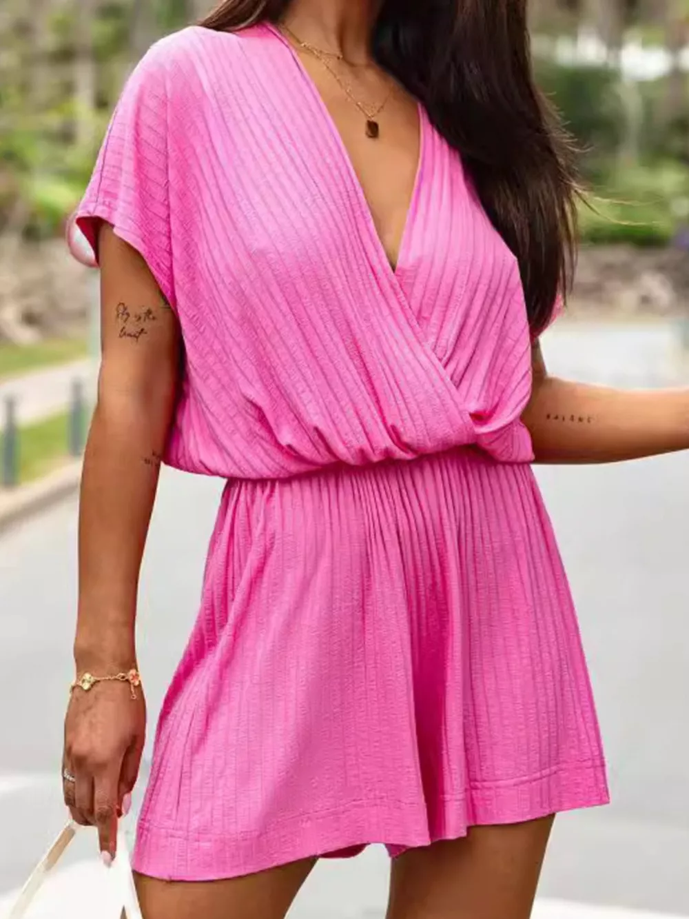 Short-Sleeve V-Neck Ribbed Romper, image 11