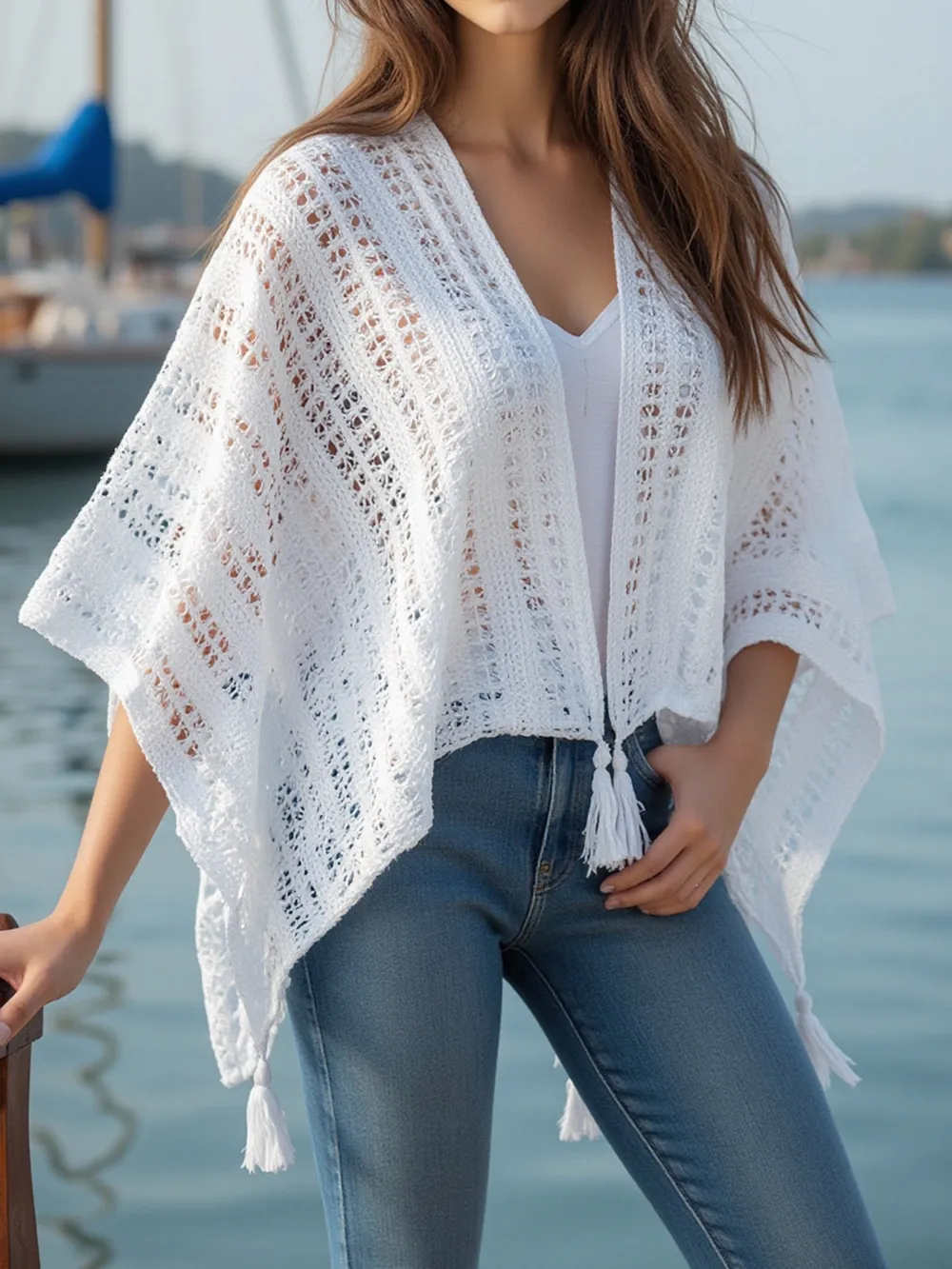 Openwork Tassel Open Front Knit Cover Up, image 8
