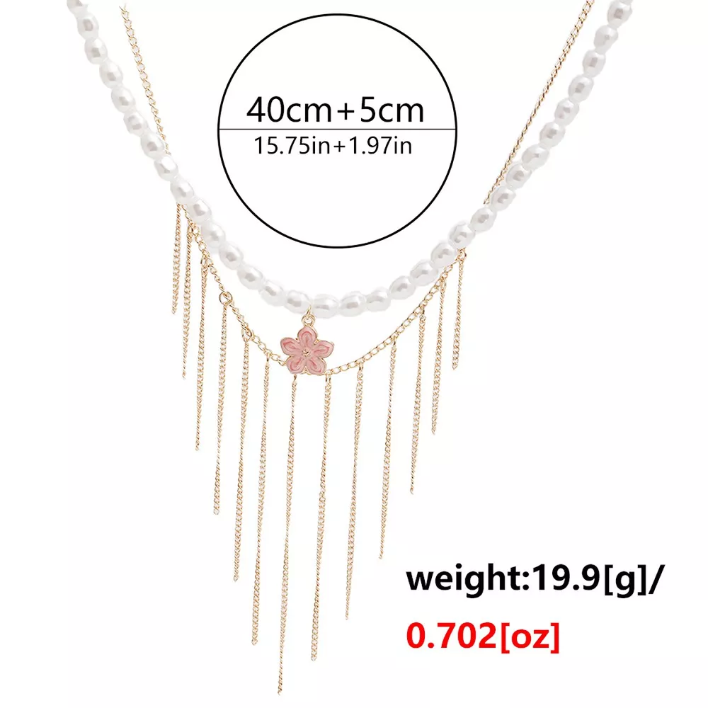 Elegant Pearl Choker Necklace with Flower Charm and Tassel Dangles, image 7