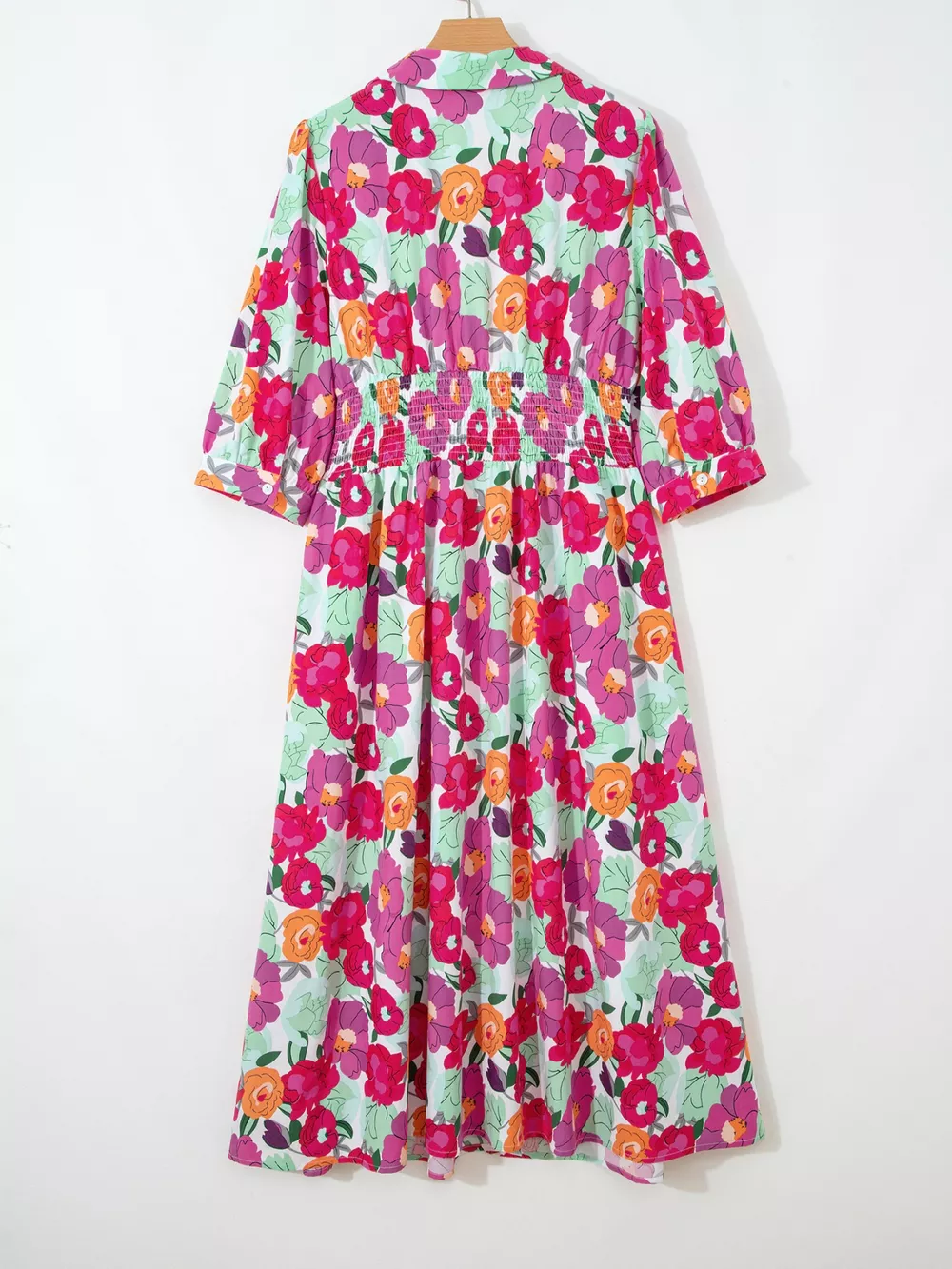 Vibrant Floral Print V Neck Zip Up Puffy Half Sleeve Dress, image 6