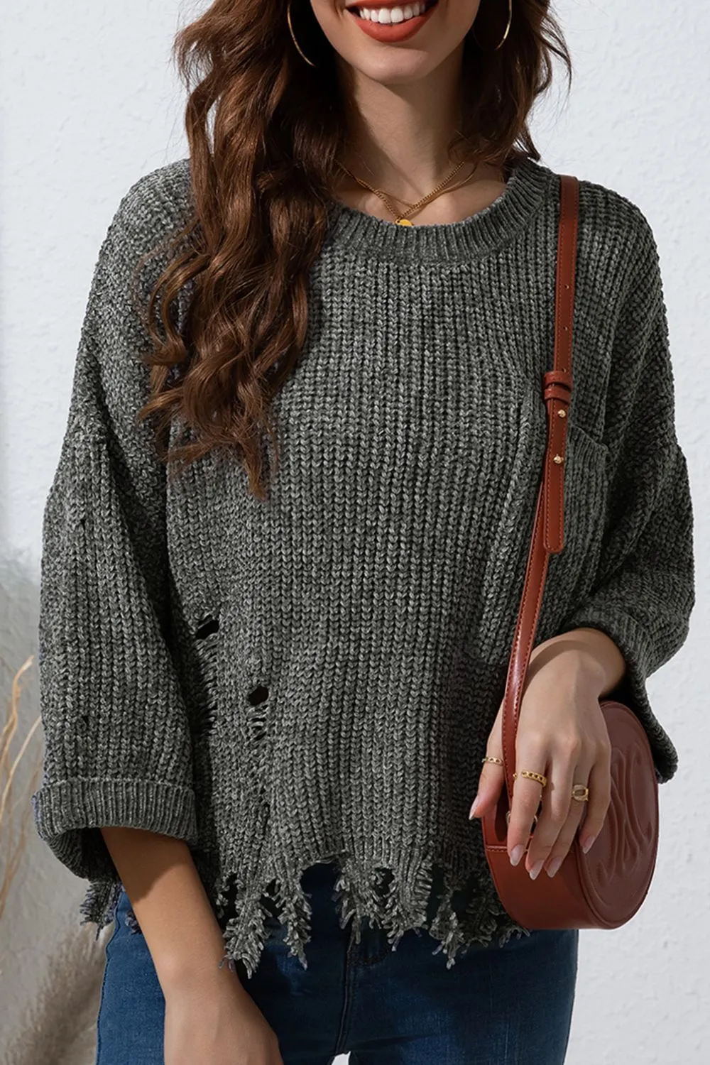 Distressed Round Neck Drop Shoulder Sweater, image 11
