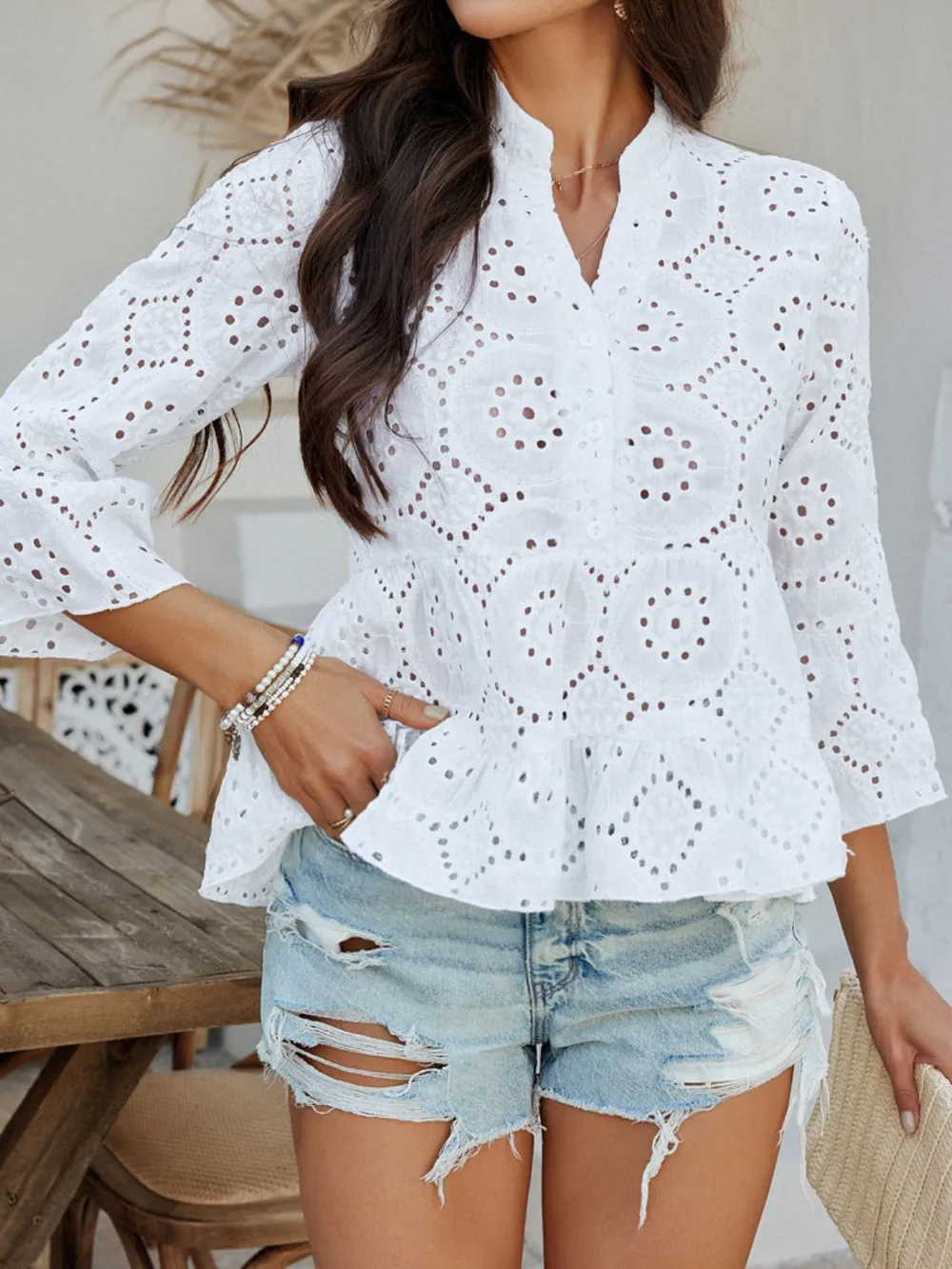 Half Button Flounce Sleeve Peplum Blouse, image 15