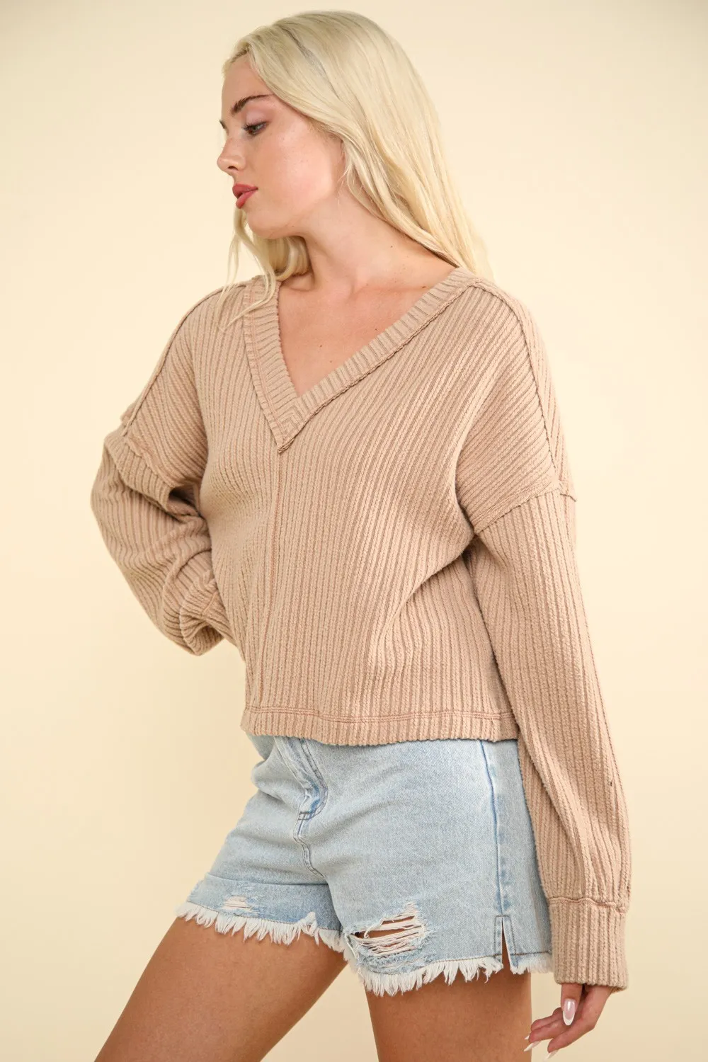 Exposed Seam V-Neck Ribbed Knit Top, image 3