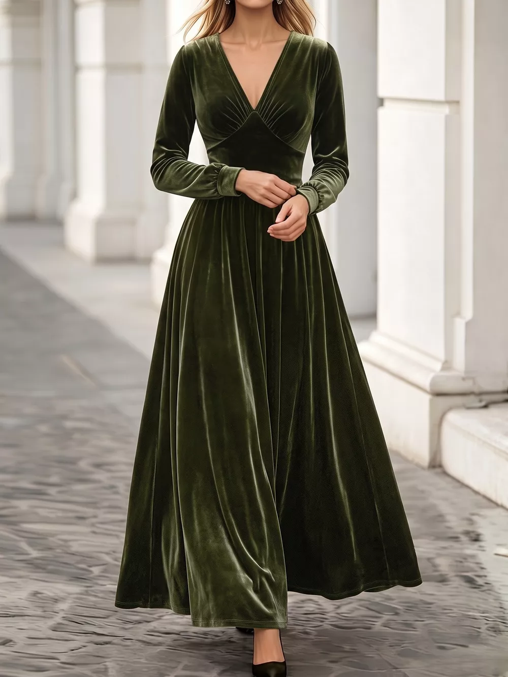 Plus Size V-Neck Long Sleeve Velvet Maxi Dress, image 3