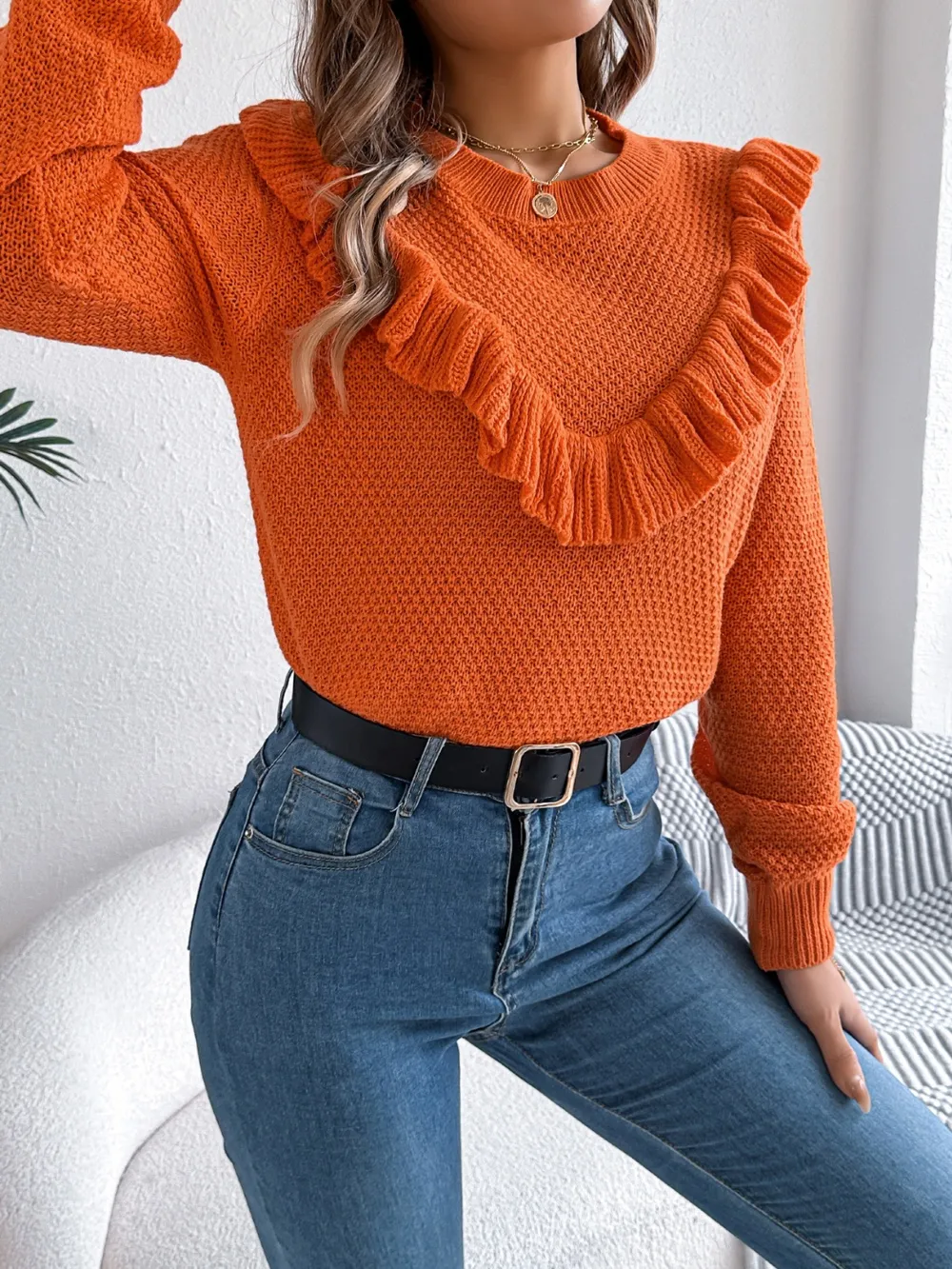 Ruffled Round Neck Long Sleeve Sweater, image 17