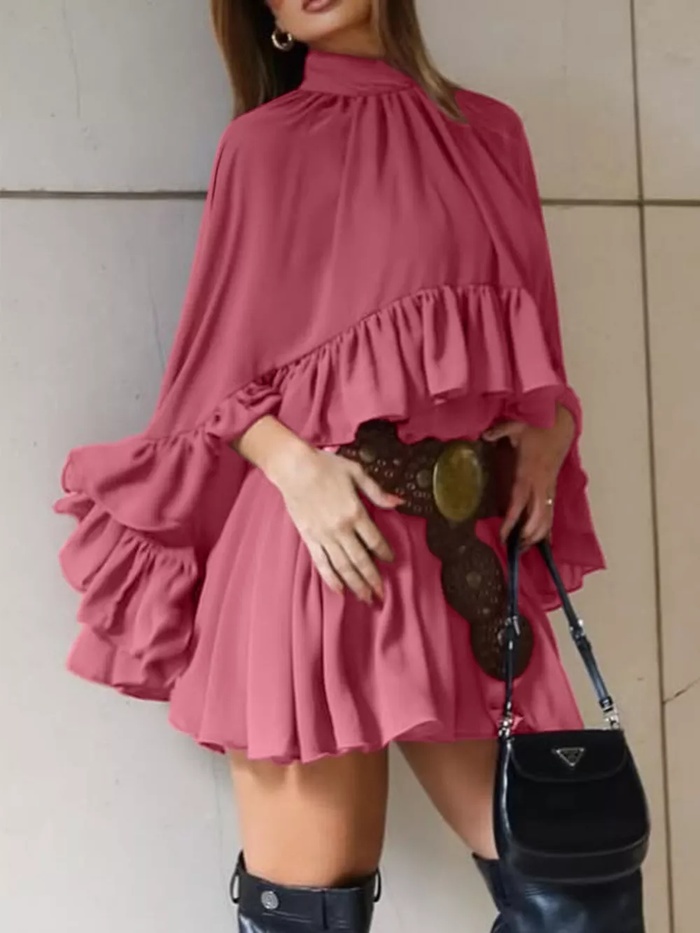 Ruffle Trim High Neck Mini Dress, image 4