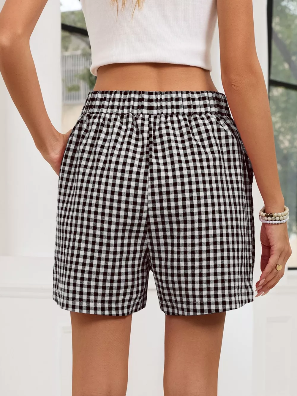 Gingham Elastic Waist Casual Shorts, image 19
