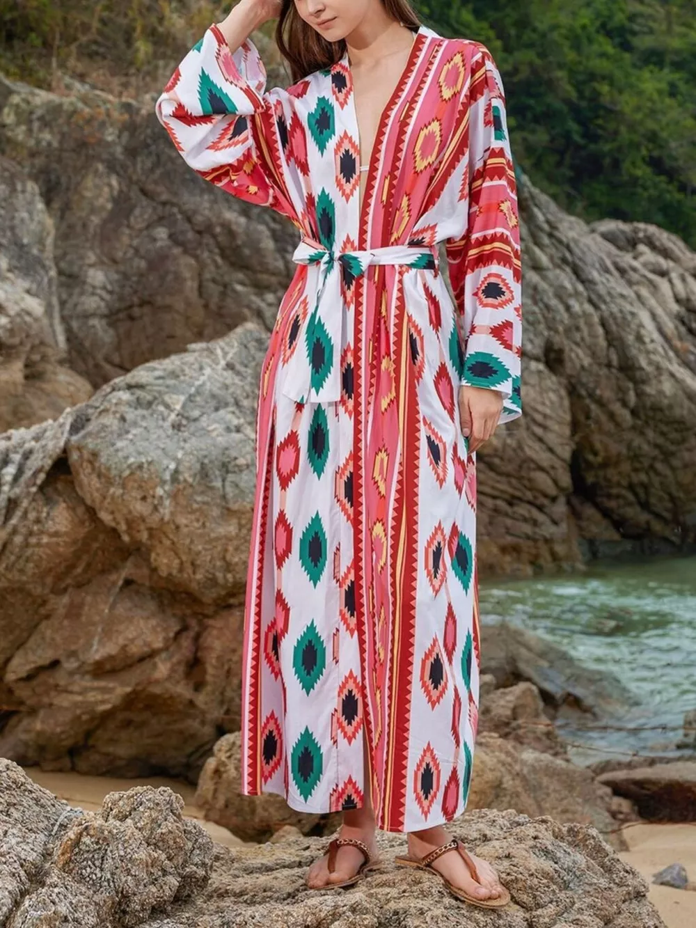 Boho Print Long Sleeve Beach Cover-Up, image 7