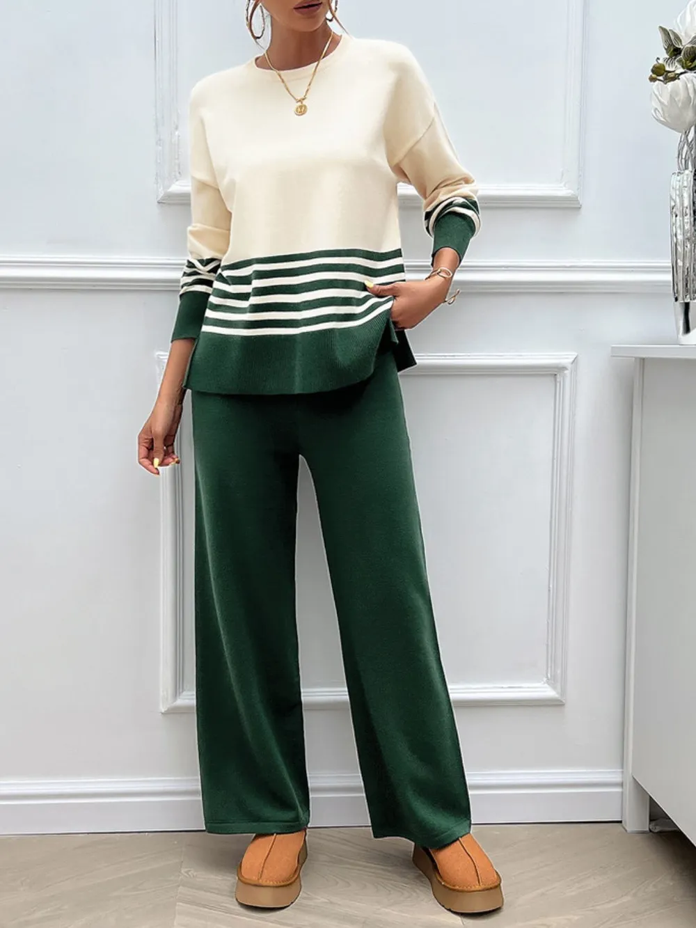 Slit Striped Round Neck Top and Pants Sweater Set, image 2